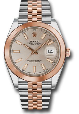 Replica Rolex Steel and Everose Rolesor Datejust 41 Watch 126301 Smooth Bezel Sundust Index Dial Jubilee Bracelet